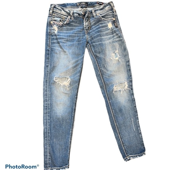 Silver suko  super stretch Aiko mid ankle distressed skinny jeans Sz 28 - Picture 3 of 15